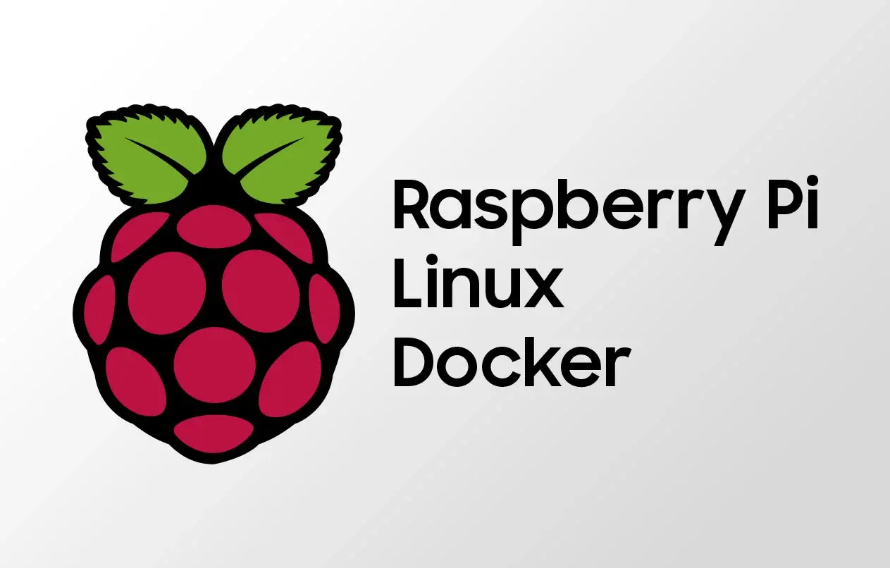 Foto met daarop het logo van Raspberry Pi met daarnaast de tekst Raspberry Pi, Linux en Docker