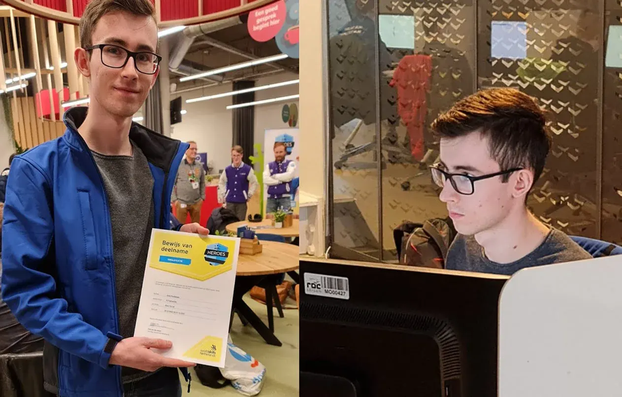 Links een foto van Jordy met bewijs van deelname en rechts een foto waar Jordy bezig is met de kwalificatie opdracht
